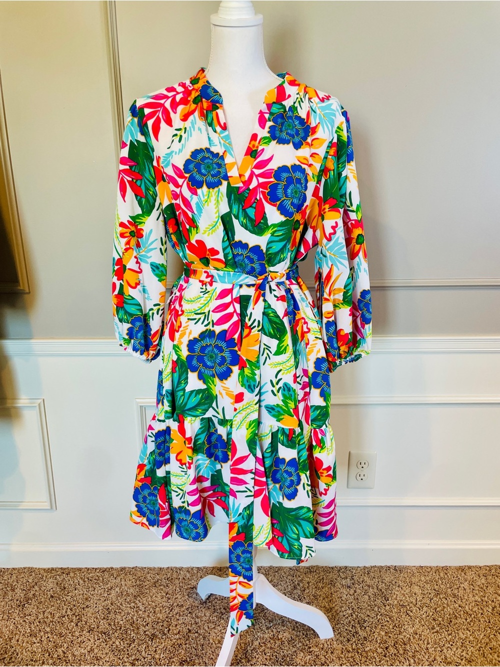 Jessica Howard NEW 16 Dress 3/4 Sleeve Floral Tropical Ruffle Tie Waist Bold